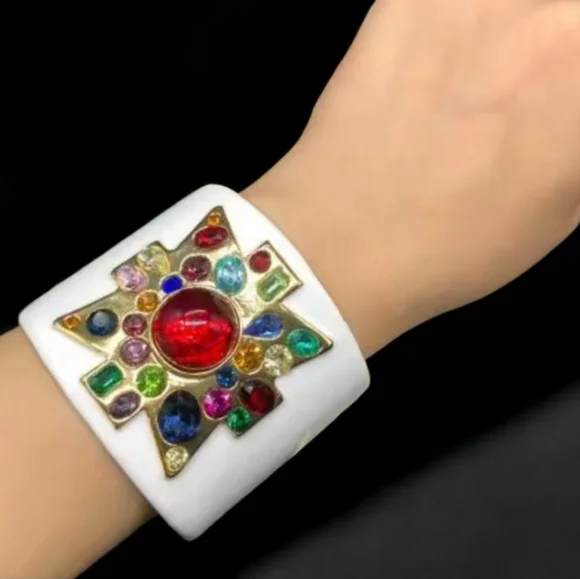 Luxury 18k Gold Plated Maltese Cross Jeweled Enamel Cuff Bracelet - Picture 5 of 5